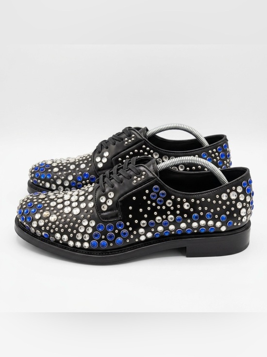 Prada Crystal Stud Embellished Derby Shoes Black Leather US 10.5